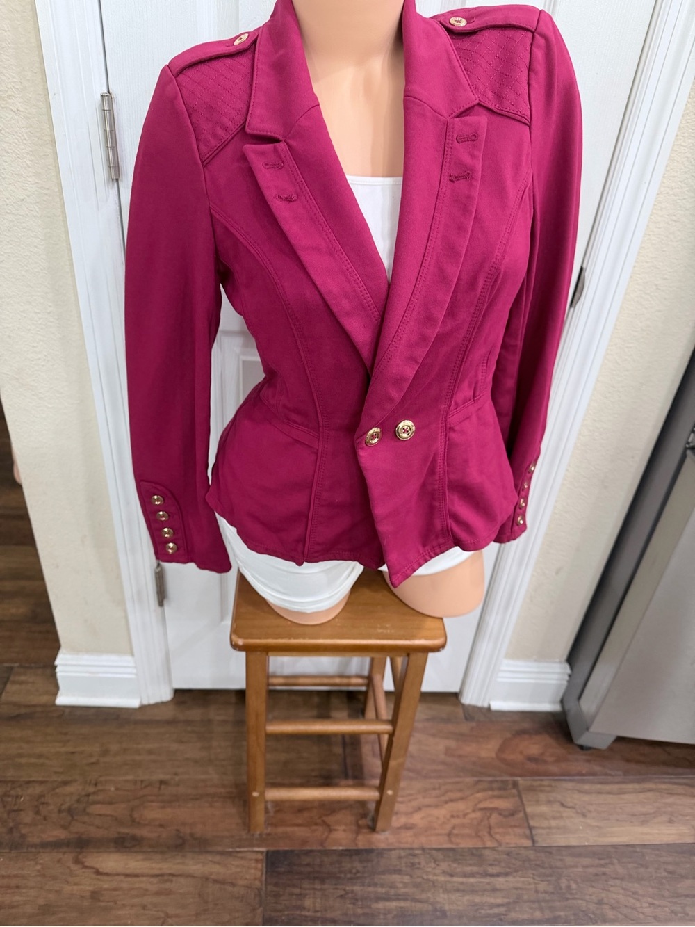 White House Black Market 10 Wine Military Peplum Blazer Gold Buttons